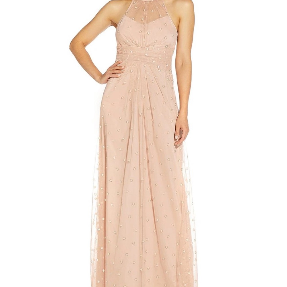Adriana Papell Glitter Dot Sheer Halter Neck Sleeveless Pearl A-Line Gown